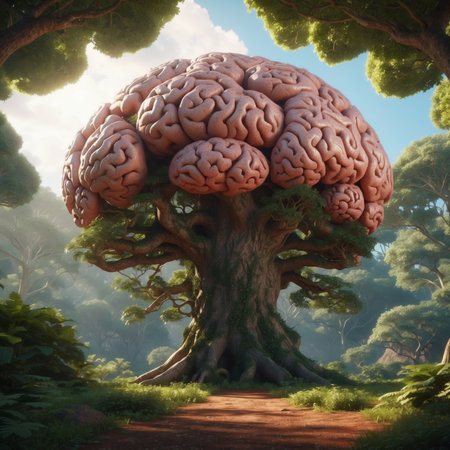 Human brain growing on tree in the forest. 3D render. Conceptual illustration.の素材