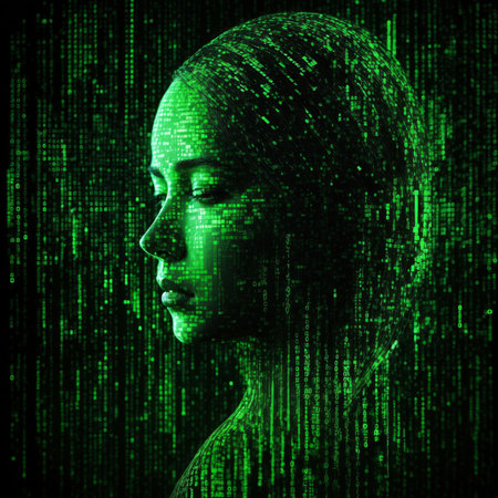 Cyberpunk style portrait of young woman with green matrix background. 3d rendering.の素材