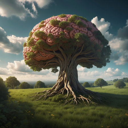 Tree with human brain in a meadow. 3d render.の素材