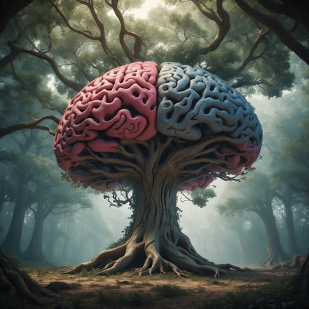 Blue and red colored Human brain growing in the forest. Fantasy 3D illustration.の素材