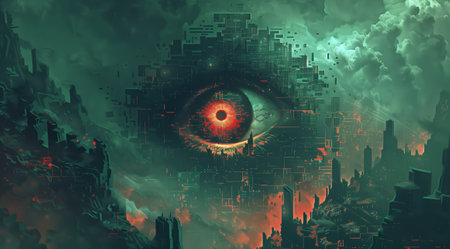 Digital illustration of an eye looking at the city in a surreal styleの素材