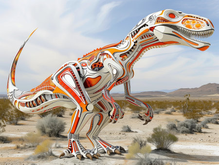 Odd fantasy dinosaur in the desert, 3D rendering.の素材