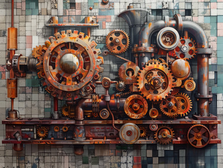 Old steam engine with gears and cogs. Industrial background. Abstract 3d renderingの素材