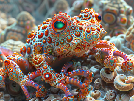 Psychedelic frog and corals on the sea floor. 3d rendering.の素材
