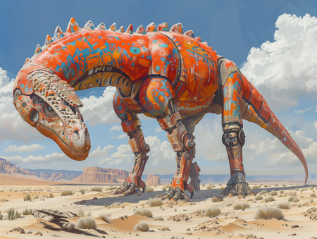 Fantasy dinosaur in the desert. 3d rendering.の素材