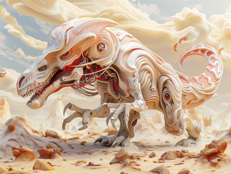 3D rendering of an abstract fantasy dinosaur in the desert with sand and cloudsの素材