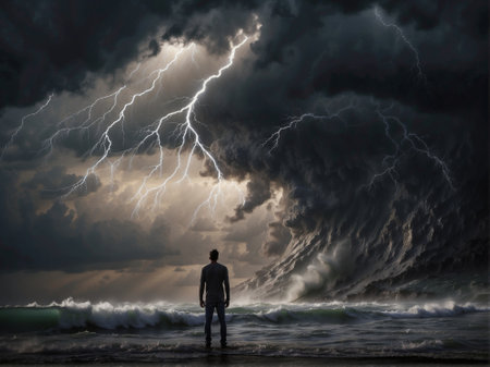 Conceptual image of man at the ocean looking at a stormy sky with lightningの素材