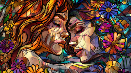 Digital Illustration in stained glass style of two beautiful women and flowers.の素材