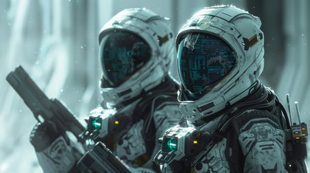 Futuristic astronauts in space suits with weapons and helmets with digital code overlays. Science fiction. 3D rendering.の素材