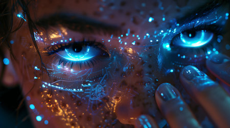 Close-up portrait of a beautiful young woman with futuristic glowing make-up. Conceptual rendering.の素材