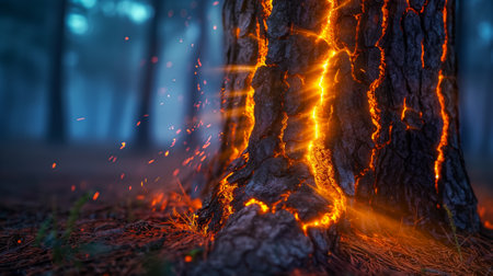 Forest fire in the night. Burning tree in the forest at night. 3D Rendering.の素材