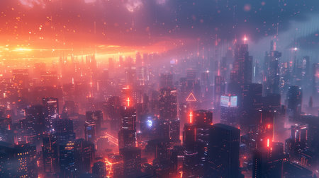 Foggy futuristic fantasy city at night. 3d illustration.の素材