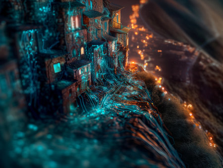 3D rendering of abstract technology city with glowing digital particles and lines.の素材