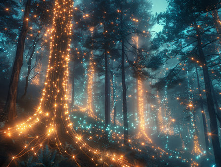 Fantasy forest with trees covered in glowing lights and lines. Conceptual 3D Renderingの素材