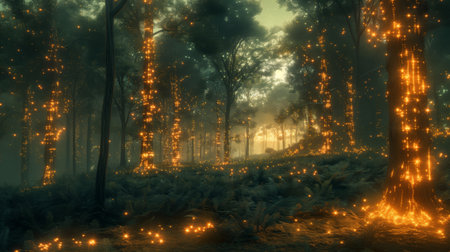 Fantasy forest with trees covered in glowing light particles in the fog. 3d illustrationの素材