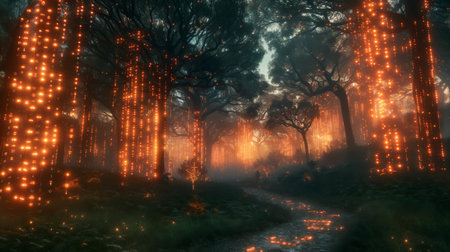 Foggy path in the forest with glowing orange lights on the trees. 3D renderingの素材
