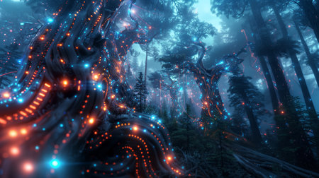 Fantasy forest with tree trunks and magic digital neon lights. 3d renderingの素材