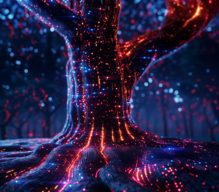 3d rendering of an abstract tree in a dark forest with neon lightsの素材