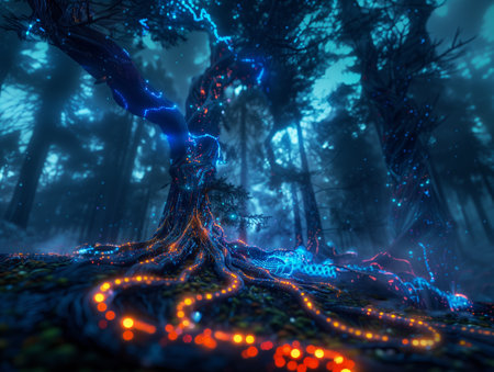 Mysterious dark forest with glowing neon lights. 3D renderingの素材