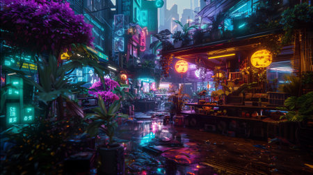 Night view of colorful market with neon lights. 3d renderingの素材