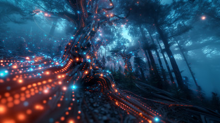Futuristic cyberspace landscape with trees and glowing neon lights. 3d renderingの素材