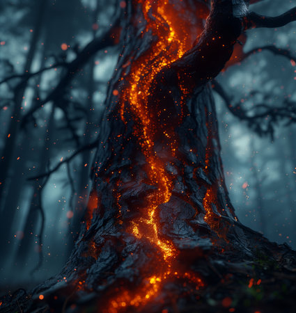 Tree burning after lightning strike in the forest at night. 3d rendering.の素材