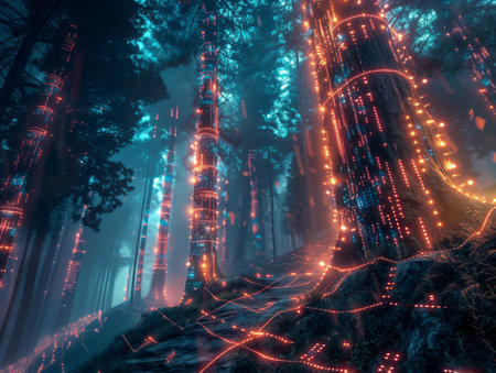 Mysterious dark forest with trees and ground covered in glowing neon lights. 3D renderingの素材