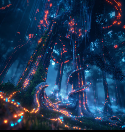 Fantasy landscape with dark forest and neon lights. 3D renderingの素材