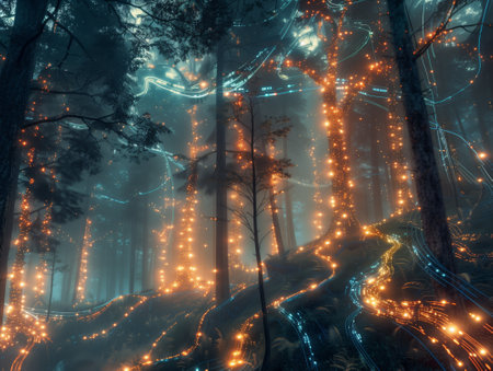 Foggy forest with glowing lights. 3d rendering fantasy imageの素材