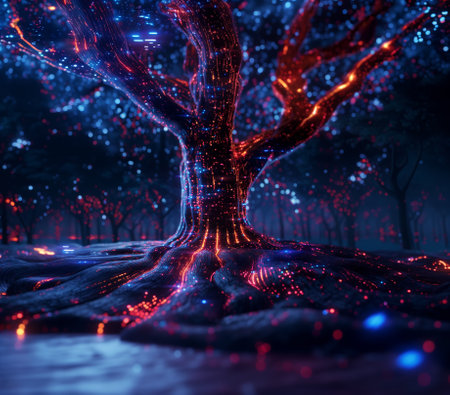 3D rendering of a fantasy forest with neon lights on a tree.の素材