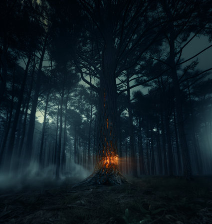 Dark forest with a tree emitting bright glowing light beams. 3D renderingの素材