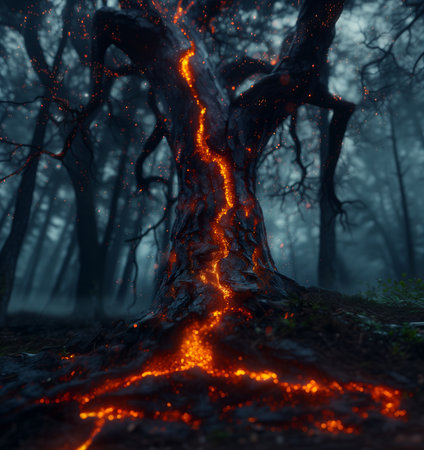 Fiery tree in the forest at night with fire and smoke. 3D rendering.の素材