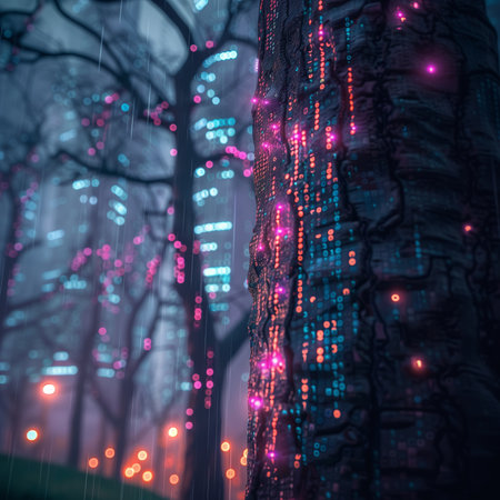 Close-up 3d rendering of a trunk with digital code neon lights in night city landscape with v background.の素材