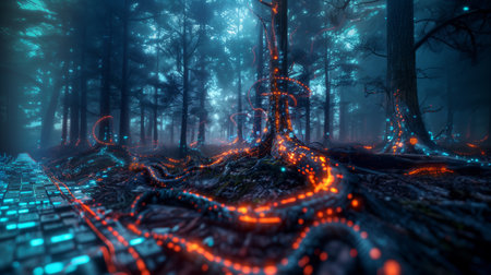 Futuristic dark fantasy forest with glowing lights. 3d renderingの素材
