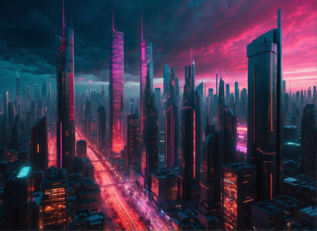 Futuristic city with illuminated skyscrapers at night. 3D renderingの素材