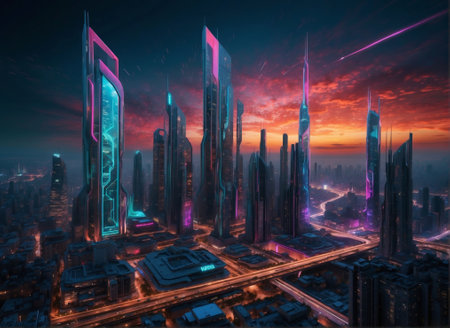 Futuristic city with high-rise buildings and neon lights. 3d renderingの素材