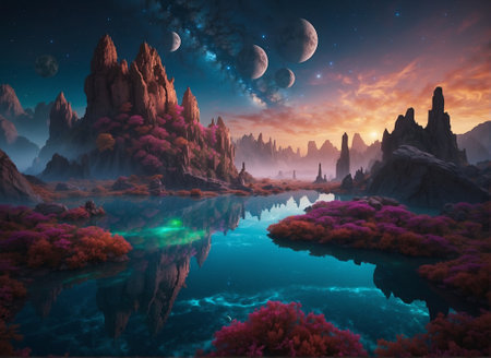 Fantasy alien planet with mountains, lake and planets in the sky. 3D illustration.の素材