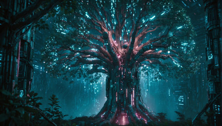 Fantasy tree with neon light in the forest. 3d renderingの素材