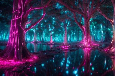 Futuristic neon lights in the forest at night. 3d renderingの素材