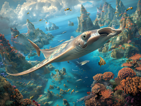 Stingray flying through the air above the sea. Fantasy 3D render.の素材
