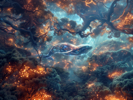 3D Illustration of a whale in a surreal alien space.の素材