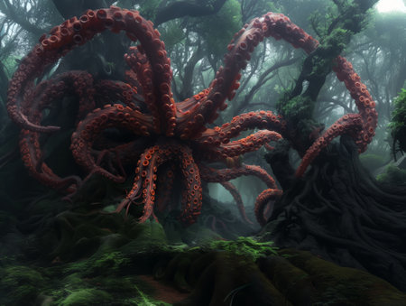 Giant Octopus in the deep jungle. Fantasy 3D illustration.の素材