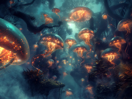 3D illustration of a surreal underwater world with glowing Jellyfish.の素材