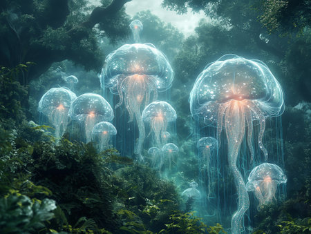 Giant Jellyfish in the Deep Forest, Surreal 3d rendering.の素材