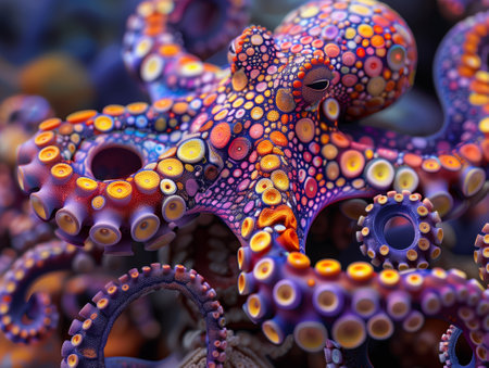 Colorful octopuses on a market stall, close-up rendering.の素材
