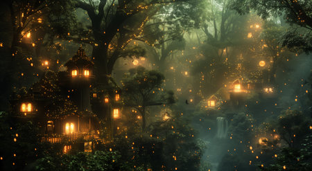 A small village in the forest with fog, 3d renderingの素材