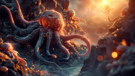 Octopus on the background of an alien planet. 3d renderの素材