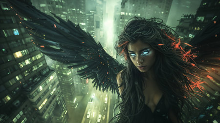 Fantasy image of a woman with black wings in a futuristic cityの素材