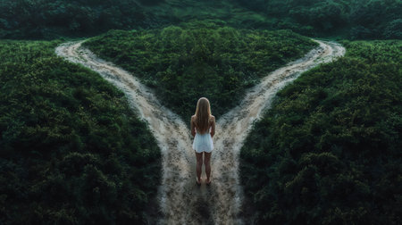 Woman walking on the road in the woods, 3d rendering.の素材