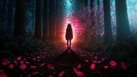 Silhouette of a woman walking on a path in a mysterious forest with pink leavesの素材